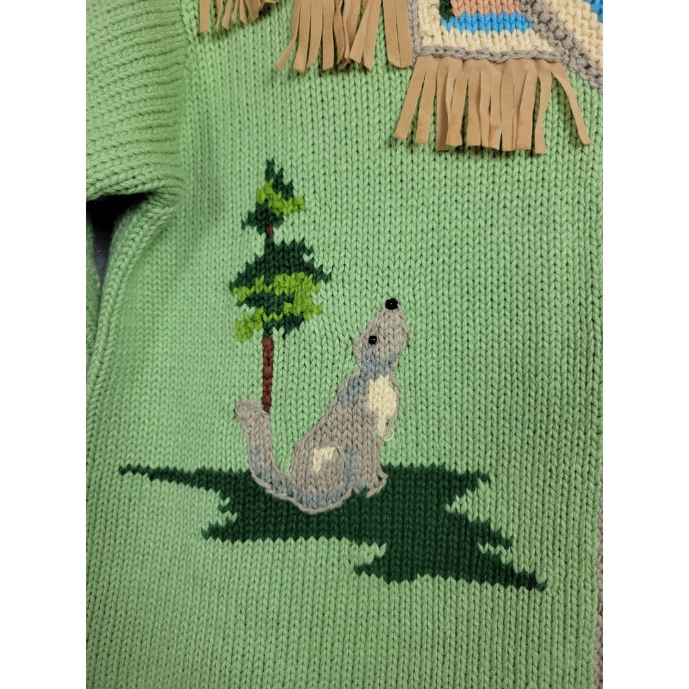Storybook Knits Wolf Family Southwestern Fringe Cardigan Sweater Green Womens M - Picture 4 of 13